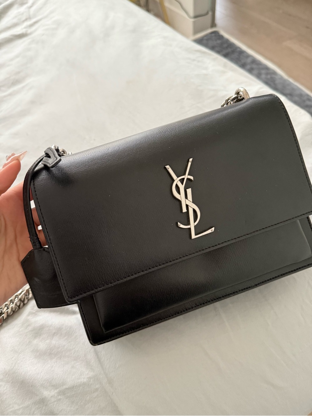 Saint Laurent Black Leather YSL Logo Shoulder Bag